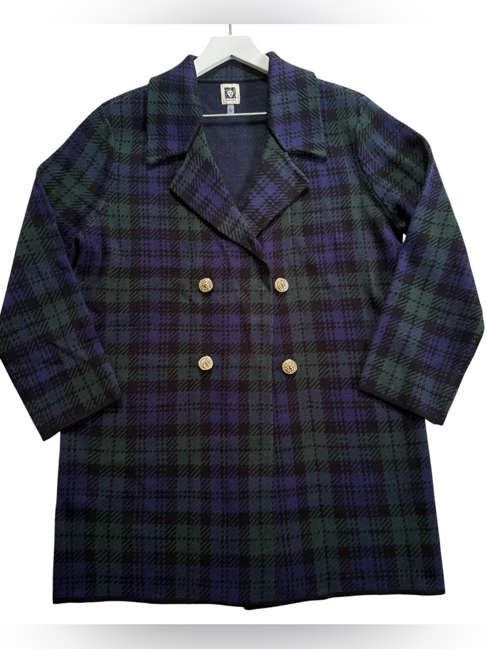 Vintage Anne Klein Plaid Open Front Sweater Blazer Large Blue Green Gold Button